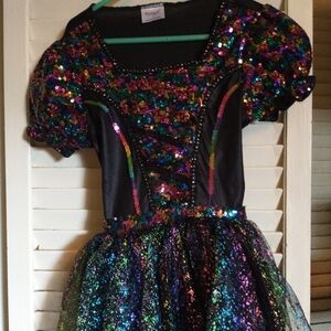 NWOT Spirit costume dress sz 8 black satin with netting & sequins pink greengold